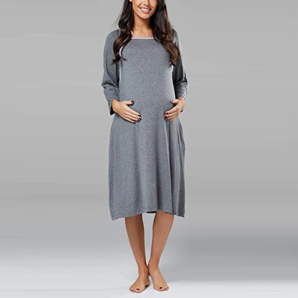 

Women Pregnant Dress Maternity Nursing Comfortable Solid Breastfeeding Dresses Autumn Winter Long Sleeve Maternity Dress