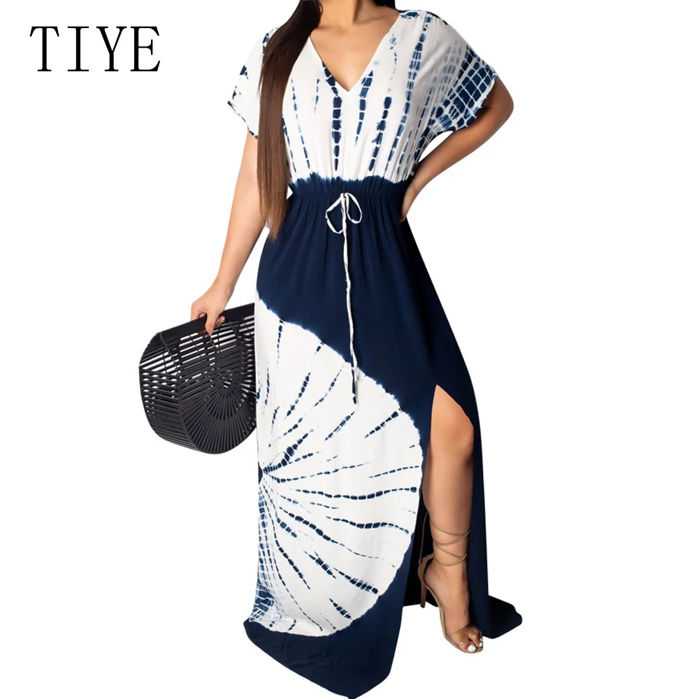 

TIYE Summer Elegant Short Sleeve V Neck Loose Print Maxi Dress Women Bohomian Beach Casual Vintage Party Robe Longue Femme