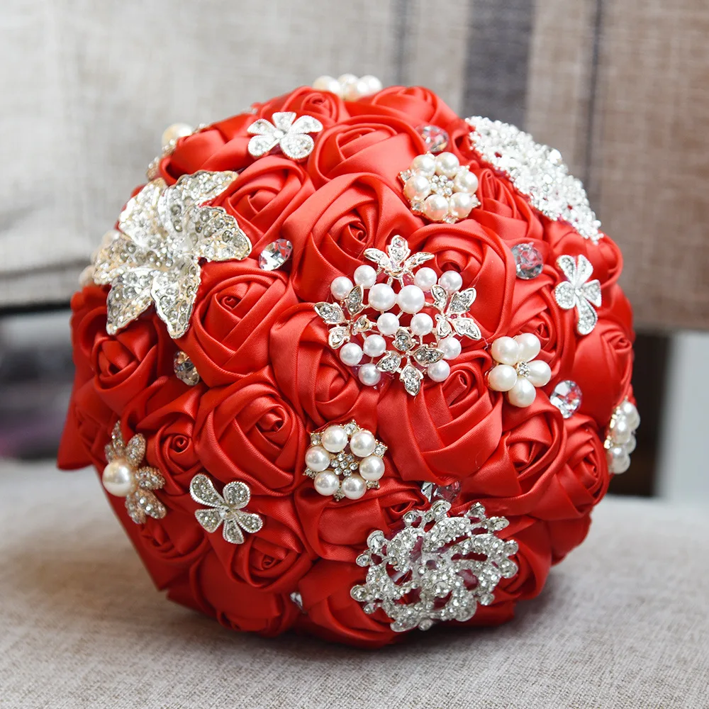 JaneVini блестящий кристалл жемчуг красный свадебный букет с бриллиантом Роскошный горный хрусталь брошь свадебный цветок невесты букеты