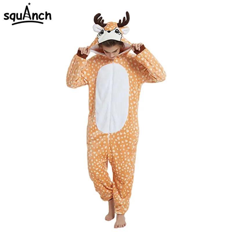 

Sika Deer Kugurumi Onesie Women Adult Winter Sleepwear Lovely Cute Cartoon Animal Flannel Pajama Festival Carnival Party Fancy