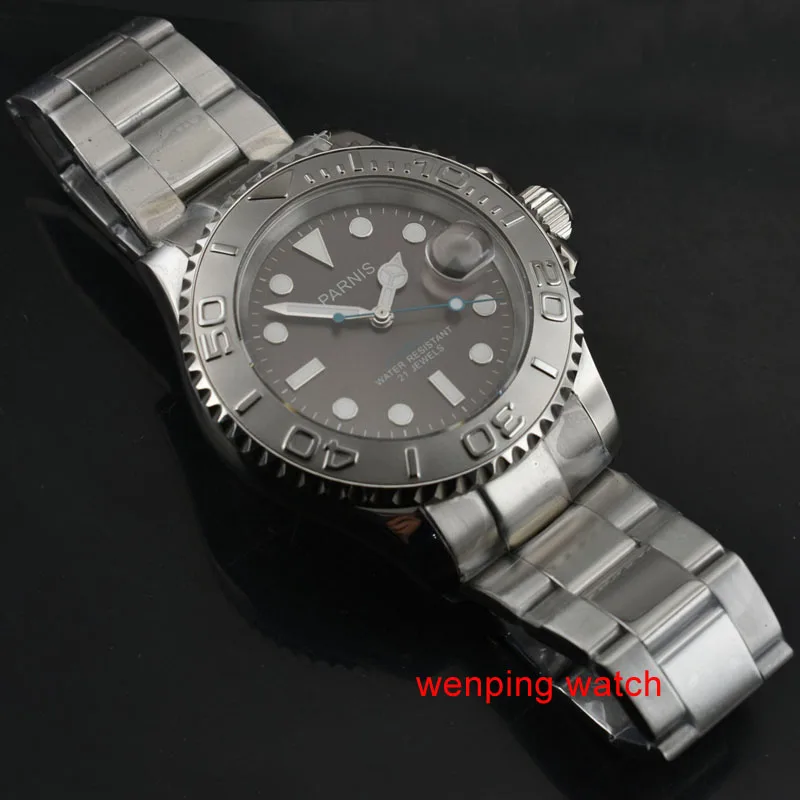 Parnis 40 мм светящийся сапфир стеклянный керамический двунаправленный вращающийся Безель серый циферблат Движение Мужские t мужские часы E2472