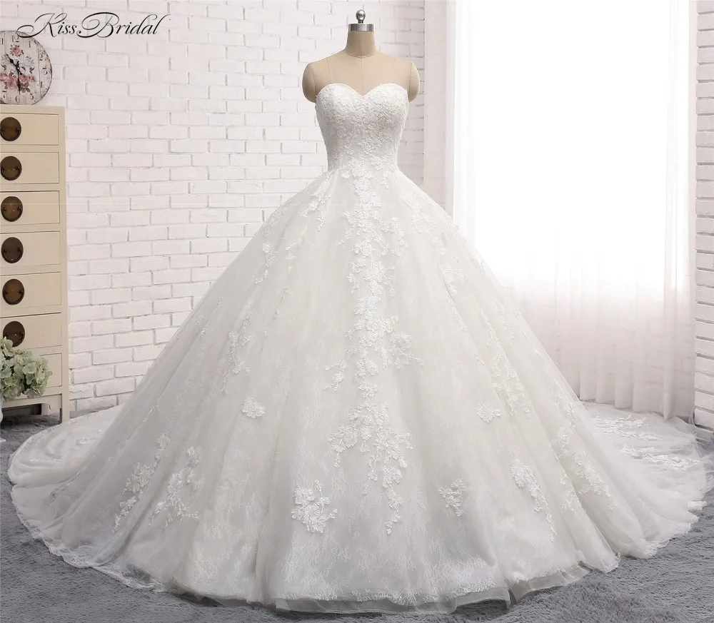 2018 Vintage Wedding Dress with Long Waist Train Sweetheart Vestido de noiva Appliques Lace Tulle Ball