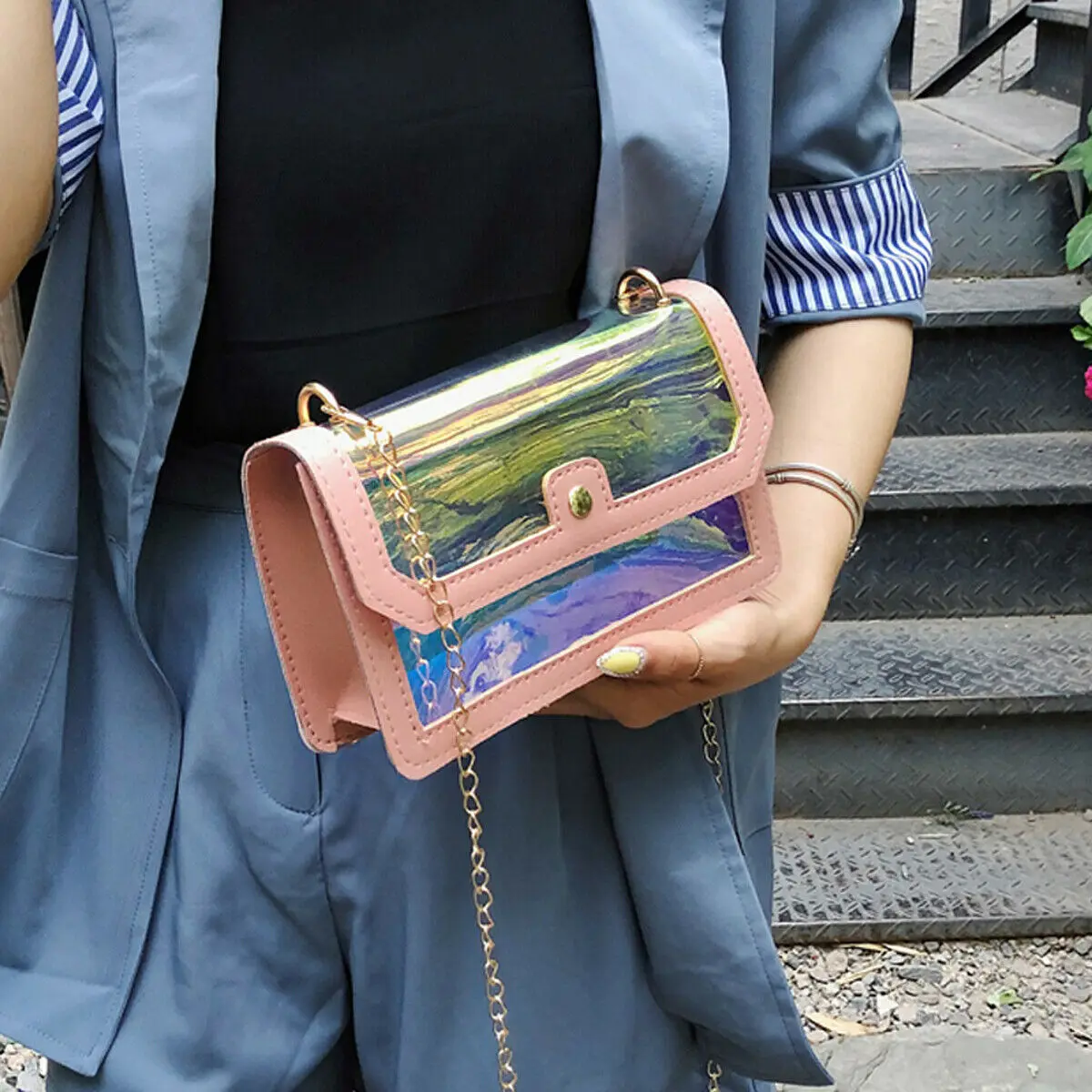 

2019 Newest Hot Ladies Laser Holographic Bag Clear Transparent Gold Chain Small Tote Fashion Handbag Purse Patchwork Flap