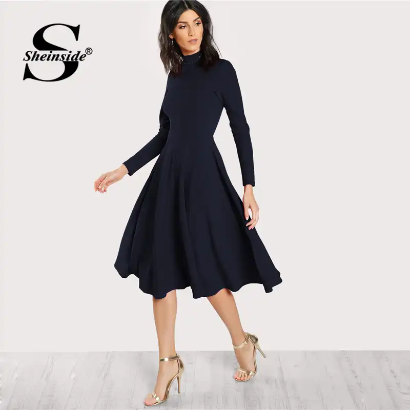 Sheinside Navy Mock Neck Fit And Flare Dress Women Long Sleeve Sheinside Navy Mock Neck Fit And Flare