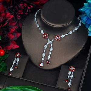 Hibride роскошь длинные серьги с кисточками подвеска-ожерелье ювелирные изделия, комплект с модным дизайном, с красным цветком, женские серьги, Обручение комплект N-658 - Окраска металла: red