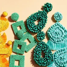 Dvacaman, большие серьги с кисточками в стиле бохо,, ручная работа, Зеленые Бусины, массивные серьги, вечерние серьги-капли, подарок, свадебные ювелирные изделия