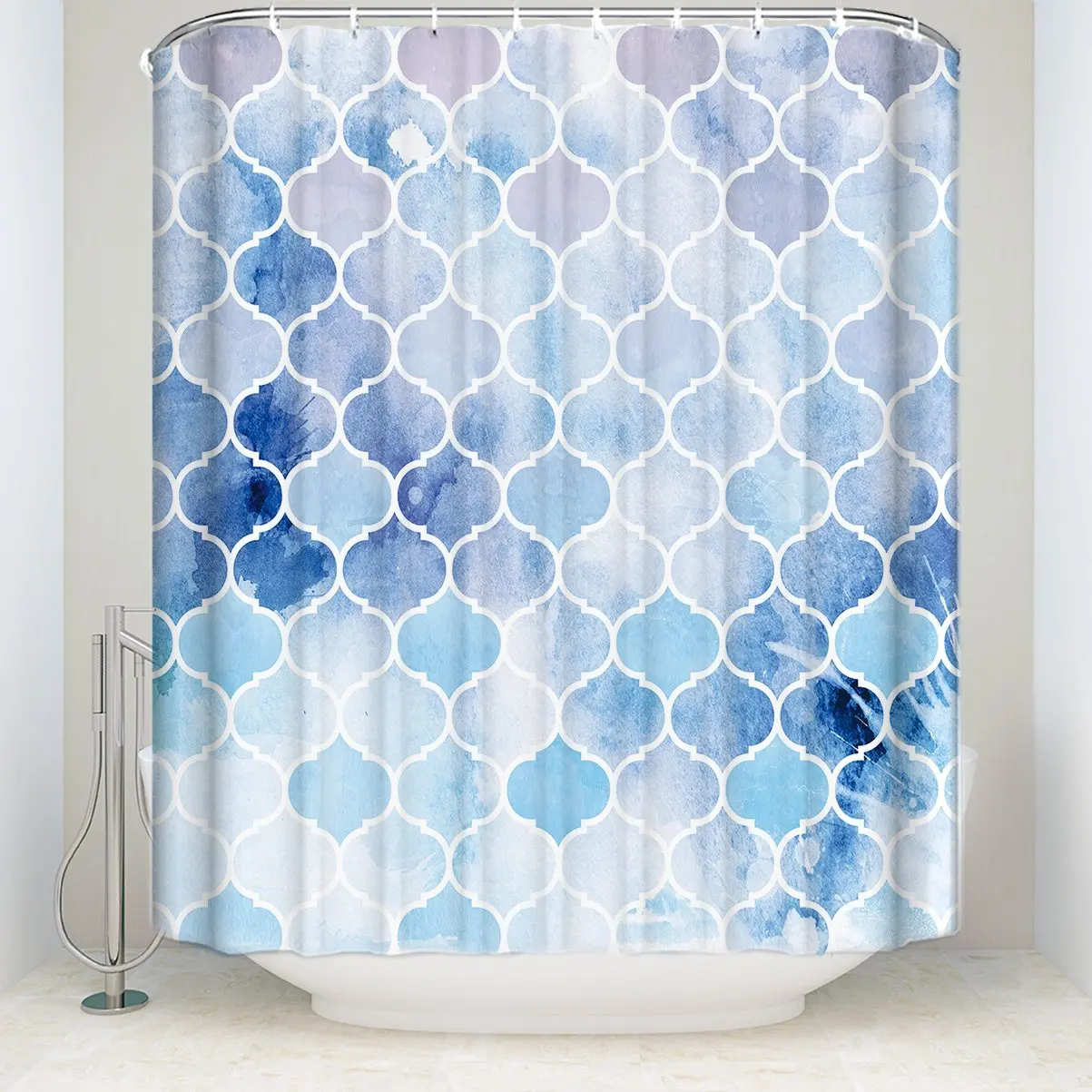 Abstract Geometric Shower Curtain, Moroccan Shaped Blue Watercolor