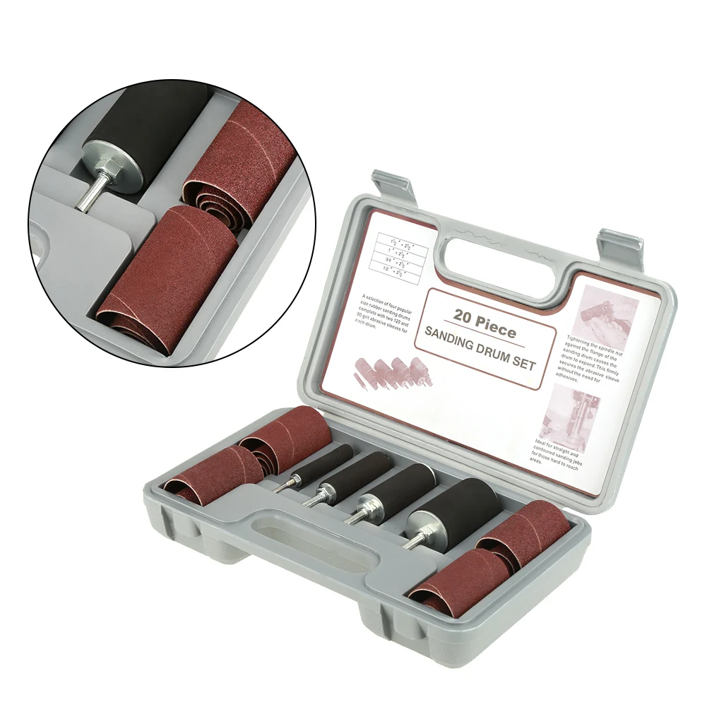 

20pcs/set Spindle Sanding Drum Sander Tool Set with Case for Drill Press Rubber Sanding Drum Set Woodworking Grinding Tools