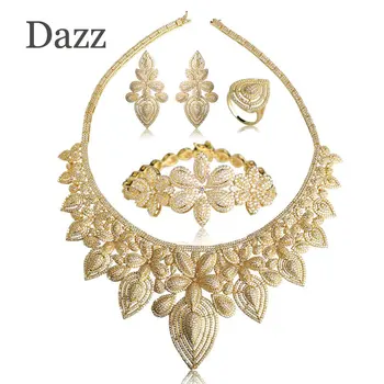 

Dazz Hot Large Wedding Choker Necklace Earrings Ring Bracelet Set Gold Color Flower Shape Copper Jewelry Sets Party Women Bijoux