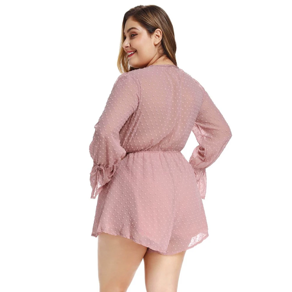 Plus Size XL-4XL Polka Dot Flare Long Sleeve Bohemian Playsuit Pink White Summer OverallsFor Women Lace Up Short Jumpsuit Romper Plus Size XL-4XL Polka Dot Flare Long Sleeve Bohemian Playsuit Pink White Summer OverallsFor Women Lace Up Short Jumpsuit Romper