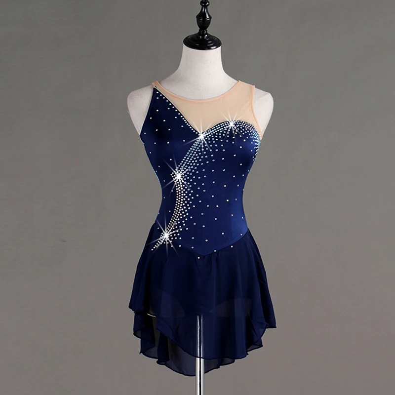 

Figure Skating Dress Women Girls Sleeveless Handmade Shiny Rhinestone Deep Blue High Elastic Ice Skate Dance Dresses B008