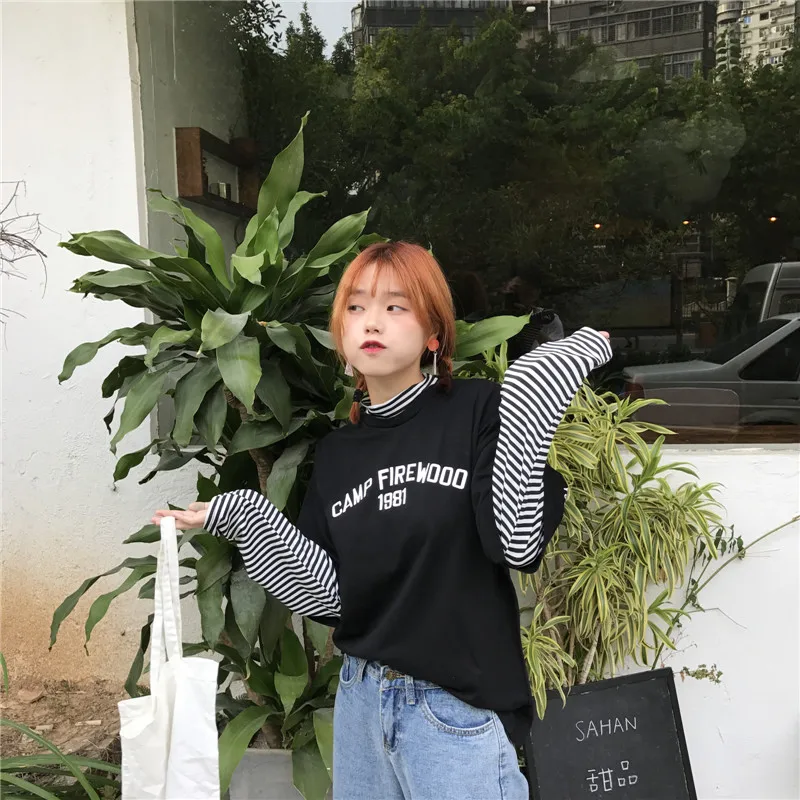 Женская свободная футболка с длинным рукавом в полоску|women harajuku|winter womenharajuku shirt women