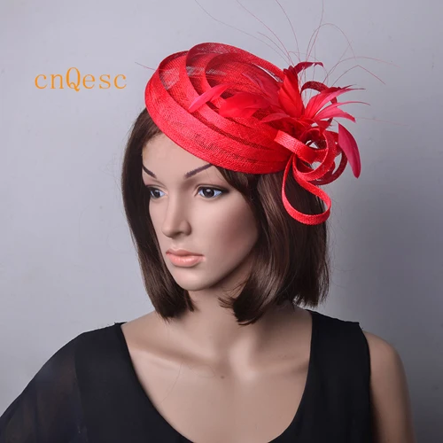 Новинка,, привлекательная женская шляпа sinamay с цветком из перьев для свадьбы, женская шляпа для скачек, вечеринки - Цвет: RED