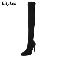 Eilyken/ г. Модная стелька из эластичной ткани, сапоги женские сапоги выше колена с острым носком на высоком каблуке размер 35-42