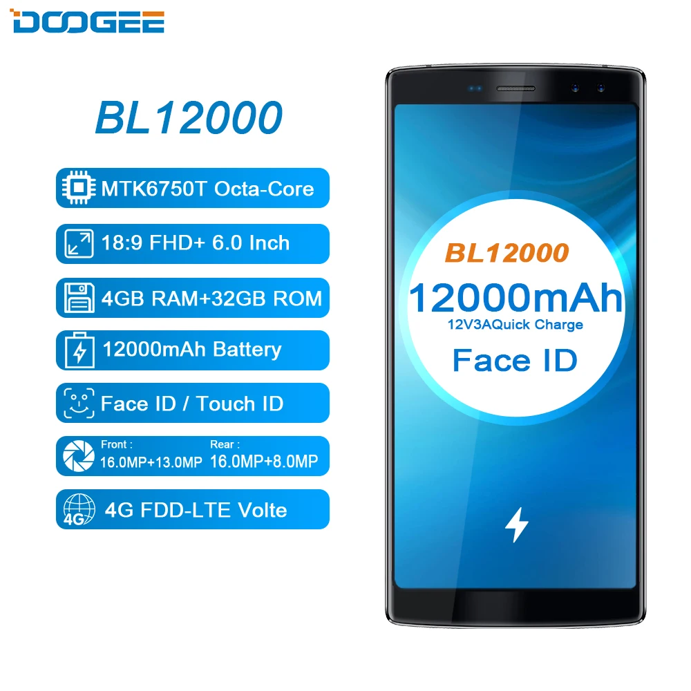  DOOGEE BL12000 Smartphone 12000mAh Fast charge 6.0''18:9 FHD+ MTK6750T Octa Core 4GB RAM 32GB ROM Q - 32861453752