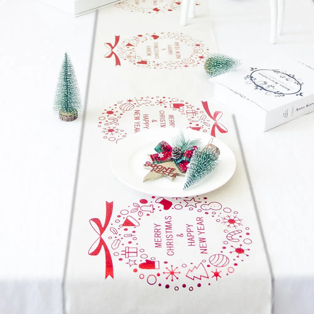  1Pc Christmas Linen Tablecloth Christmas Flag Home Party Decorative Elk Tapestry Red Table Runners 