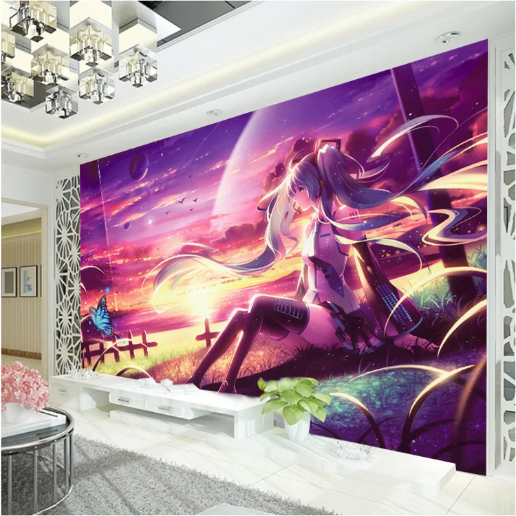 Hatsune Miku обои на заказ 3D настенная роспись аниме фото обои Девушка Спальня для общежития настенные покрытия мультфильм декор комнаты закат