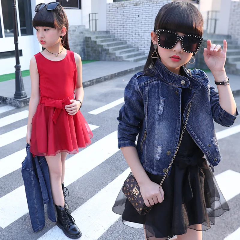 

New Spring Autumn Kids Clothing Girls Tracksuits Sleeveless TUTU Dress Denim Jacket For Girls Children Clothes Sets Kids Fashion