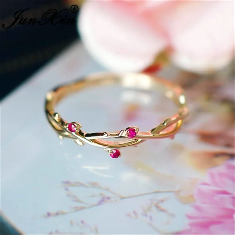 JUNXIN Dainty Rose Red Zircon Eternity Rings For Women 925 Silver Yellow Gold Small Crystal Stackable Wedding Thin Ring Female
