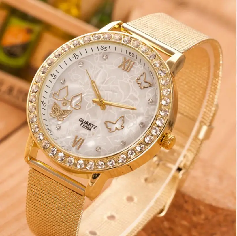 High Quality Women Ladies Gold Watch Luxury Crystal Butterfly Stainless