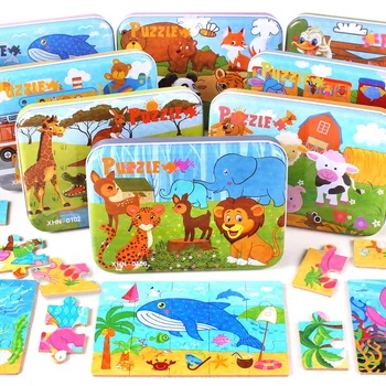 

Montessori cubo magico Wooden Puzzles Cartoon Kids Toddler Early Learning Educational Jigsaw Puzzle Children kids Toys Iron Box