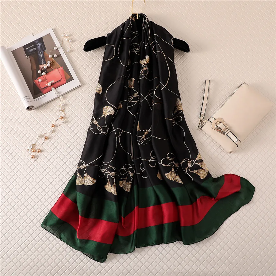 

Summer Silk Scarf Beach Shawl Cover Up Female Accessories Spring Autumn Poncho Tassel Print Silk Women Long Scarves Wraps