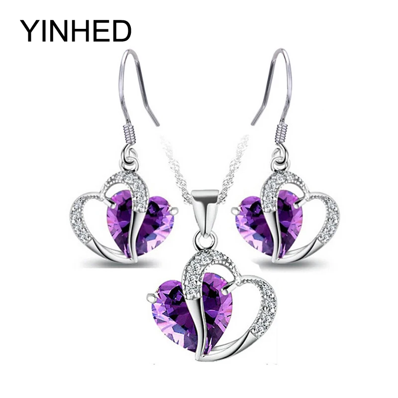 Yinhed Double Heart Crystal Jewelry Sets 925 Sterling Yinhed Double Heart Crystal Jewelry Sets 925 Sterling Silver Purple Cz Zircon Necklace Earrings For Women Zs006 In From