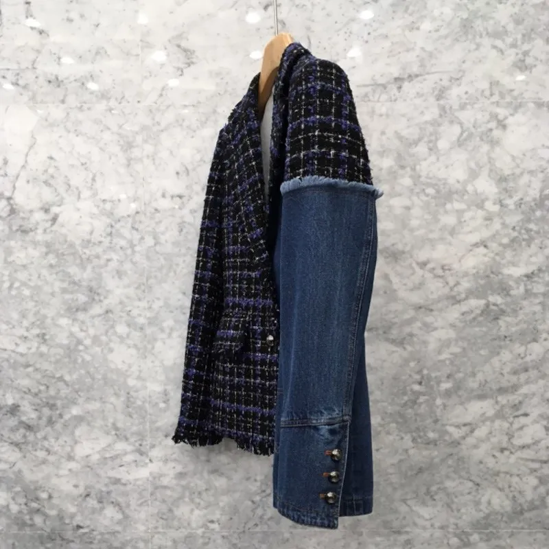 Greatest  [EAM] 2020 New Spring Lapel Long Sleeve Blue Denim Plaid Stitch Irregular Loose Jacket Women Coat F