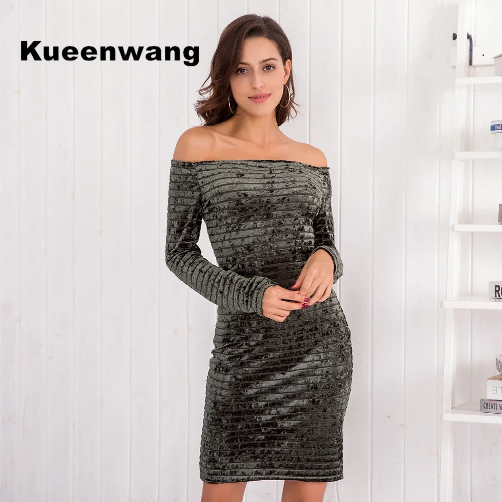 Kueenwang с плеча платья женские длинные рукава на осень-зиму bodycon платье офис Бархат