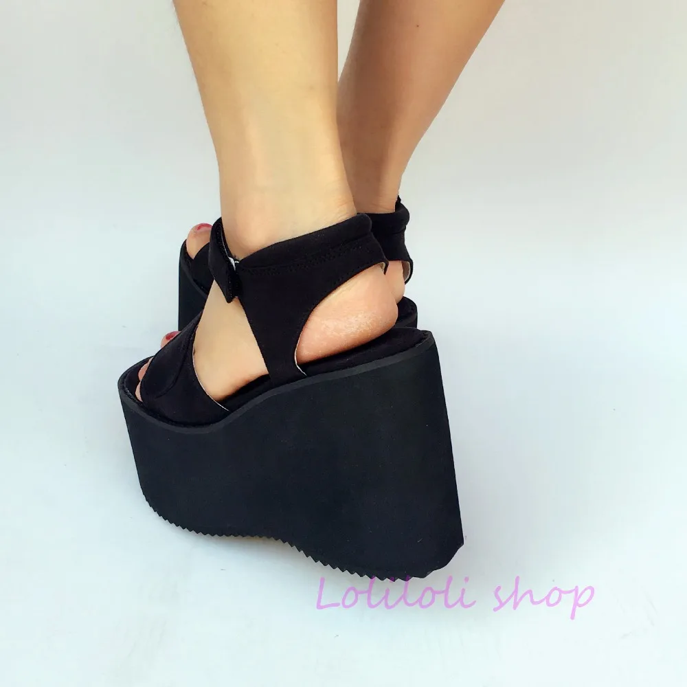 Princess sweet lolita shoes loliloli yoyo Japanese design custom large-size black flock hook&amploop platform sandals 6867sa | Обувь
