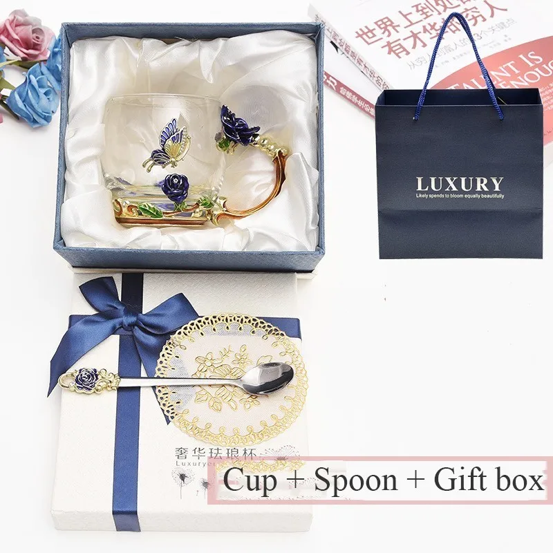 

Luxury Rose Enamel Coffee Mug Cup With Gift Box Heat Resistant Crystal Glass Tea Cup Perfect Gifts Creative Wedding Home Decor