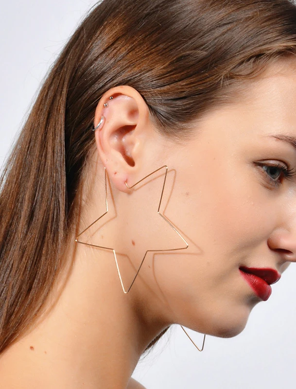 Fashion Minimalist Hyperbole Star Hoop Earrings Gold Color Hollow Big Metal Earring For Women