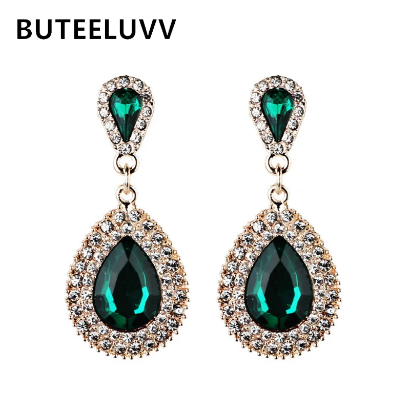 

BUTEELUVV Elegant Green Blue Crystal Earrings Fashion Jewelry Vintage Baroque Shiny Rhinestones Teardrop Drop Earrings for Women