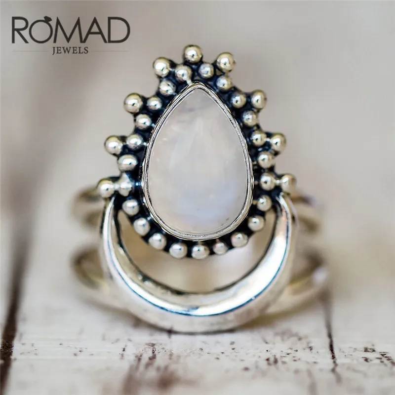 

2018 Lady Women Bohemian Fashion Boho Ring Jewelry Silver Natural Stone Moon White Opal Rings Jewelry drop shipping S3