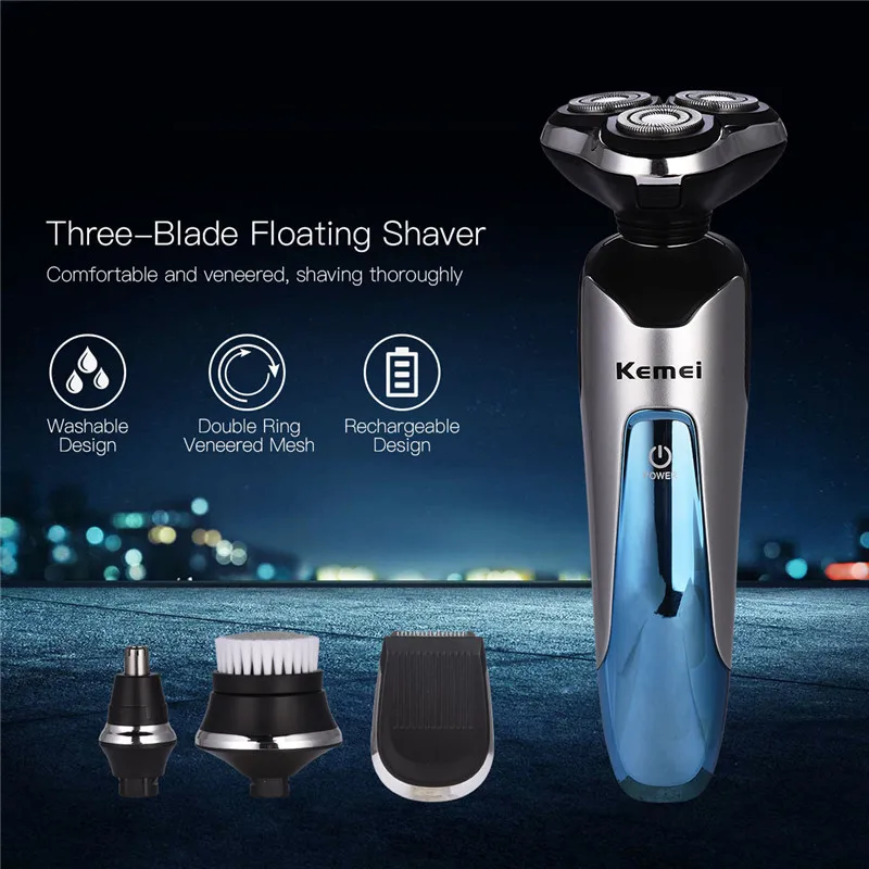 

Kemei 4 in 1 Waterproof Shaver Rechargeable Electric Razor 3D Floating Shaving Face Care Tool Nose Ear Hair Trimmer Men Cutting
