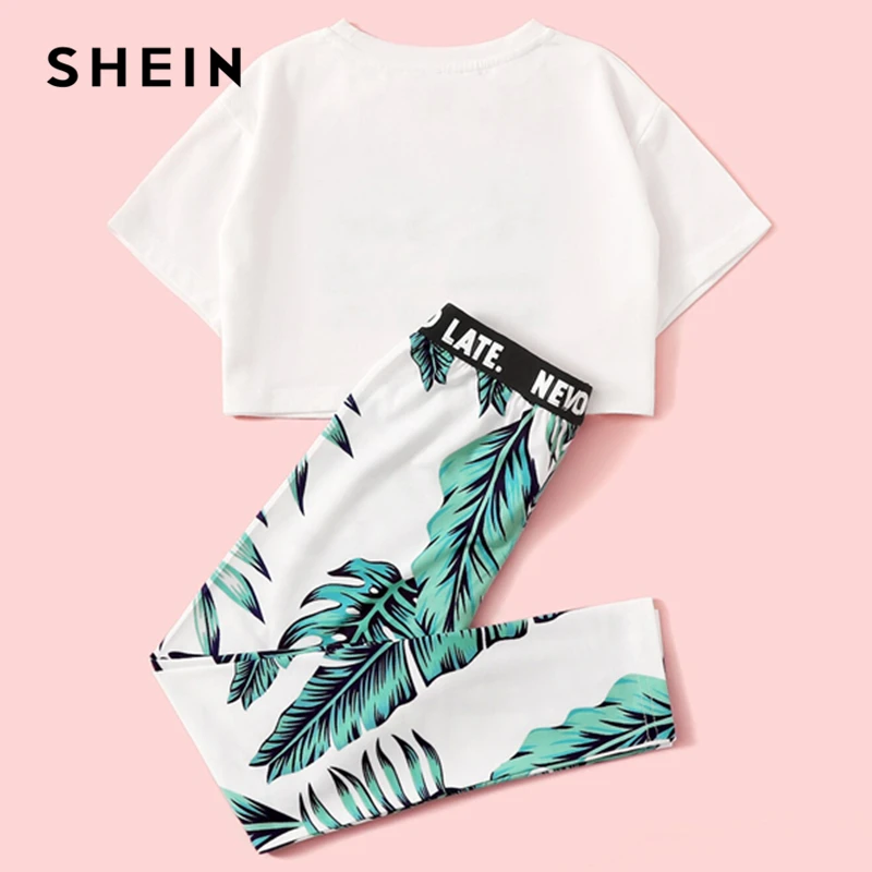 SHEIN/Детская футболка с принтом в виде букв и растений для девочек, с леггинсами комплекты из двух предметов в стиле бохо г. Летняя облегающая детская одежда с короткими рукавами