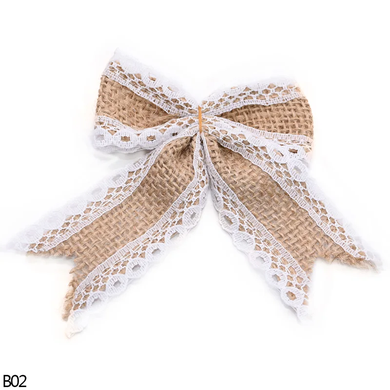 5/10pcs Jute Bow Vintage Natural Jute Burlap Hessian Bows Lace Ribbon Trim for Wedding Decoration Home Sewing Hat Accessories 8z - Цвет: B02