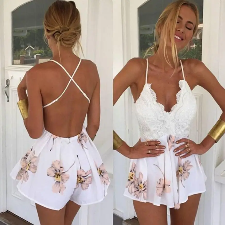 

Women Lace Printing Playsuit Sleeveless V Neck Jumpsuit Rompers overalls Bodycon Vintage Female Summer Beach Tops #BC4550