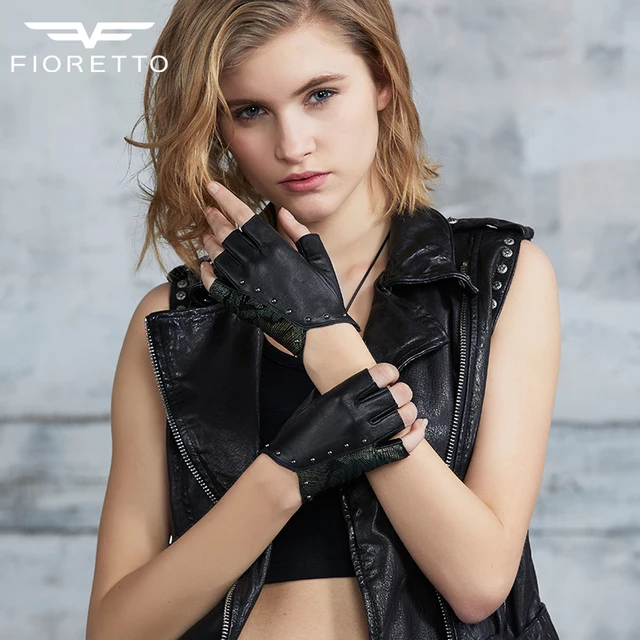 FIORETTO Womens Leather Gloves Fingerless Patched Printing Studs Ladies Driving Gloves for
