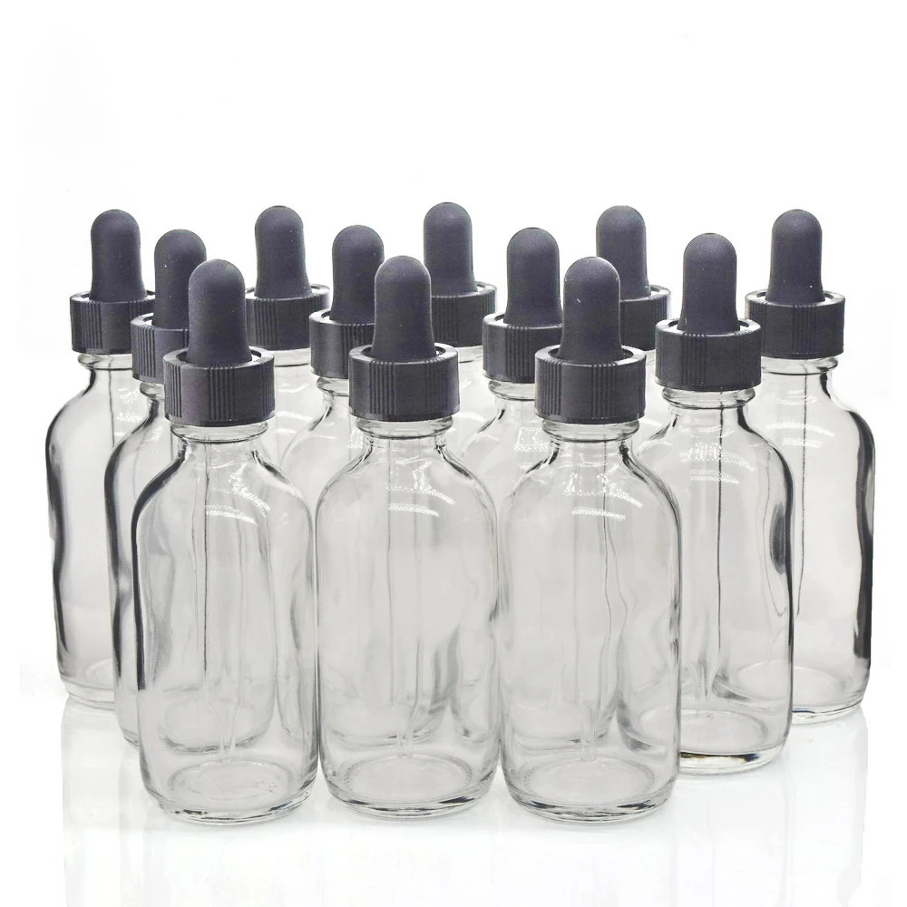 12pcs 2 Oz 60ml Clear Glass Bottles with Glass Eye Dropper Pipette for Essential oils Chemistry