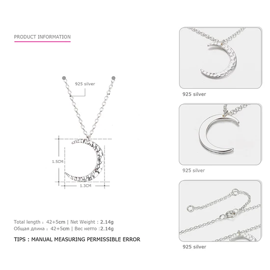 e-Manco Elegant Moon Pendant Necklace for Women 925 Sterling Silver Statement Necklaces Silver Chain Fine Jewelry for women - Окраска металла: EMNL010-1 Silver