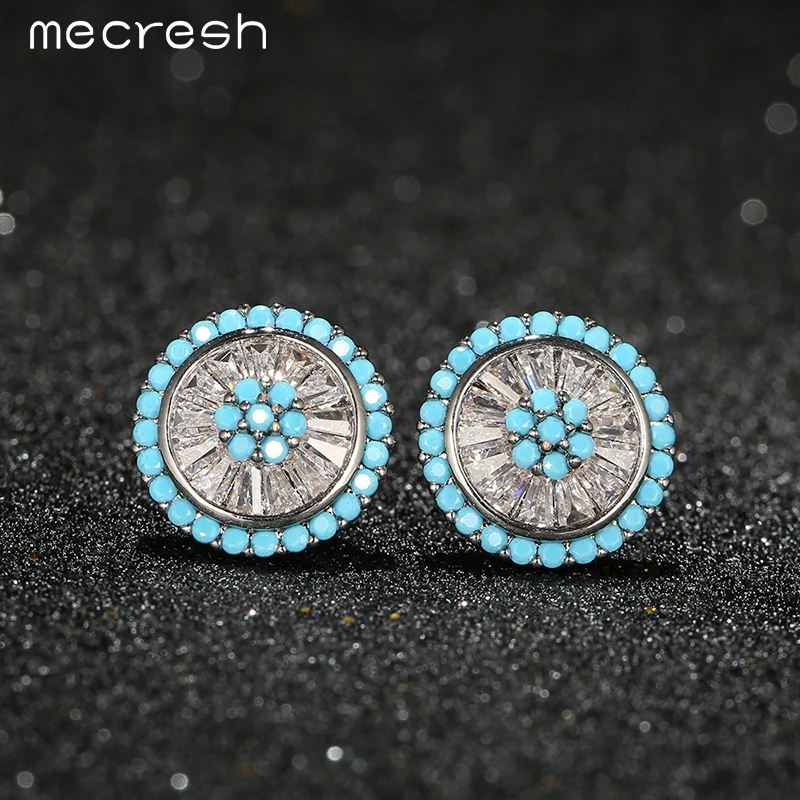 

Mecresh 2018 Vintage Round Shape Cubic Zirconia Stud Earrings for Women Blue Color Girls Brincos Jewelry MEH832