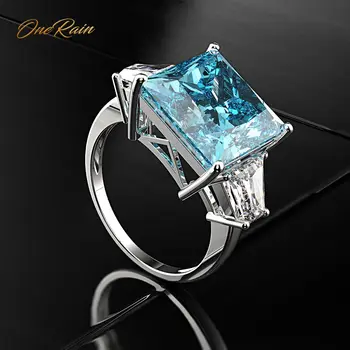 

OneRain Luxury 100% 925 Sterling Silver Square Aquamarine Gemstone Engagement Wedding Couple Rings Jewelry Wholesale Size 5-12