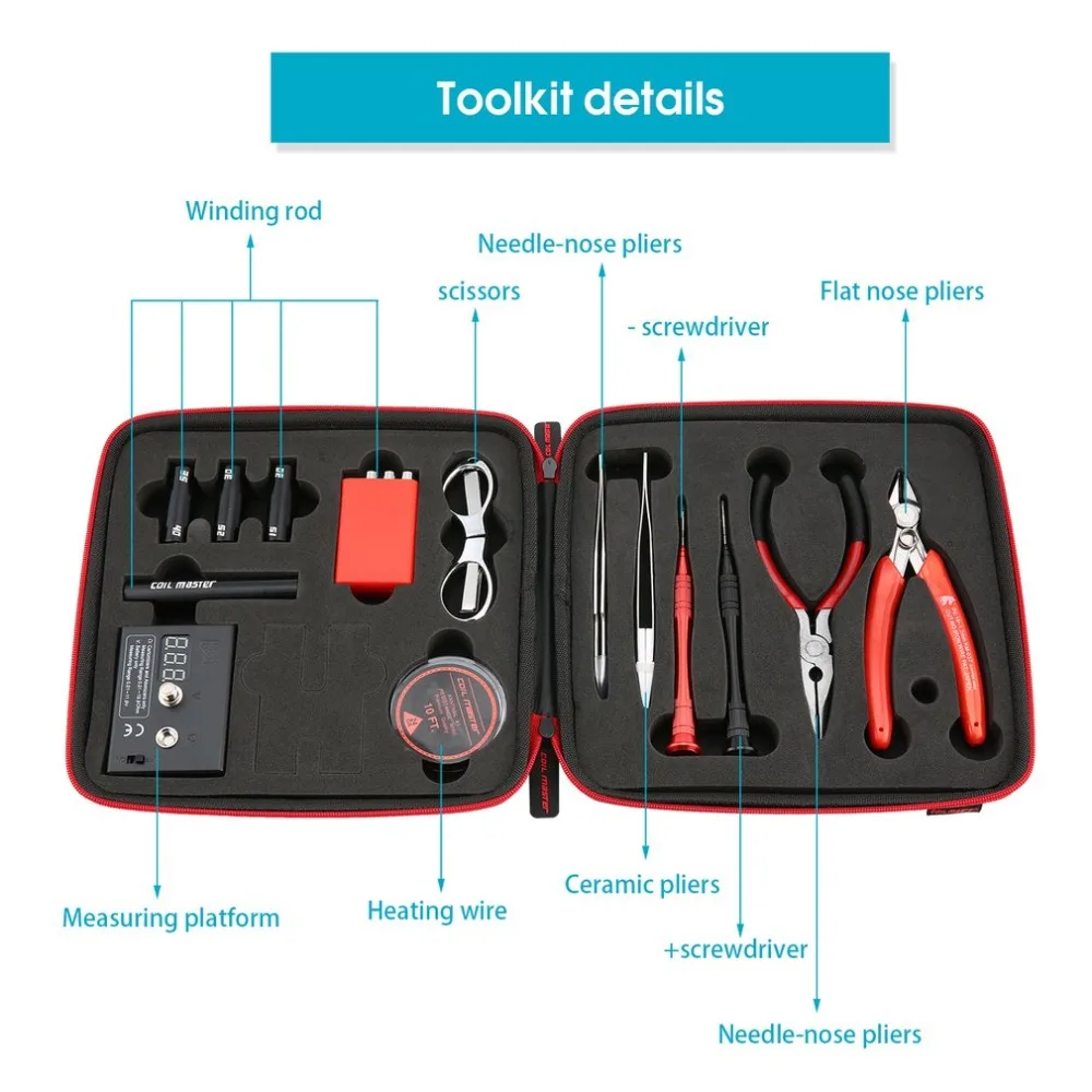 Tanie DIY e papieros zestaw narzędzi cewka mistrz DIY e cig akcesoria narzędzie wszystko w jednym urządzeniu RDA RDTA atomizer do tanku rta hot hurtownie