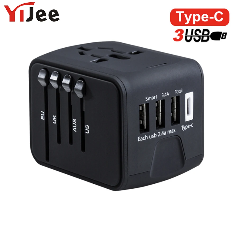 

YiJee Electric Plugs Sockets Adapter International Travel Charger Universal Adapter for UK US AUS EU with 3USB 1 Type-C