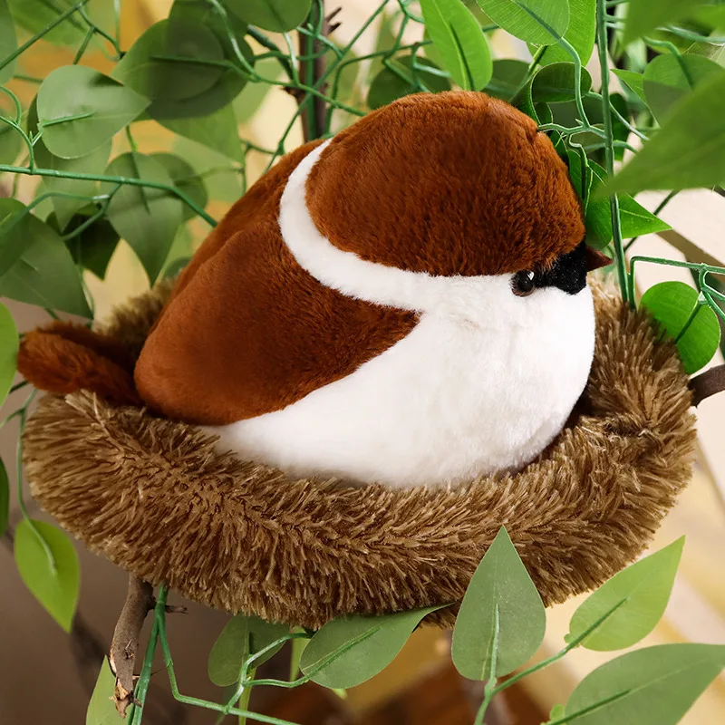 Воробьи семья Плюшевая Игрушка Летающая коричневая птица реалистичные дерево животные мягкая кукла с гнездом дети утешение Gif