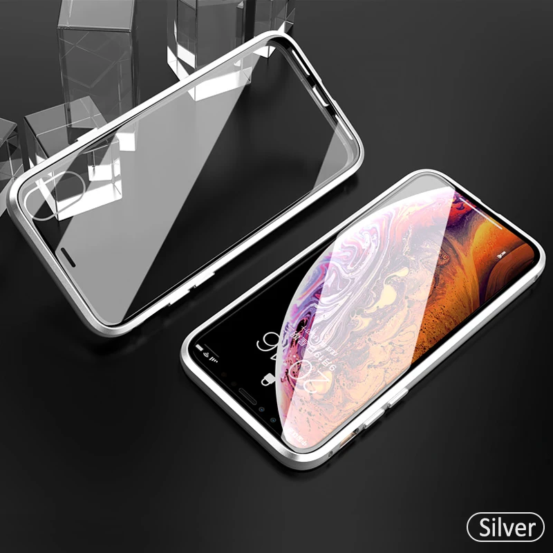 Для iphone 8 7 plus iphone X XS Max XR чехол для телефона 360 чехол Роскошный двухсторонний Передний+ задний прозрачный стеклянный металлический магнитный чехол - Цвет: Серебристый