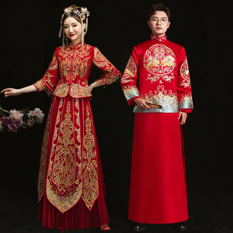 Китай Стиль торжественное платье Свадебные Жених cheongsam вышивка Элегантный Ципао традиционные невесты платья женские мужские костюмы S-XXL
