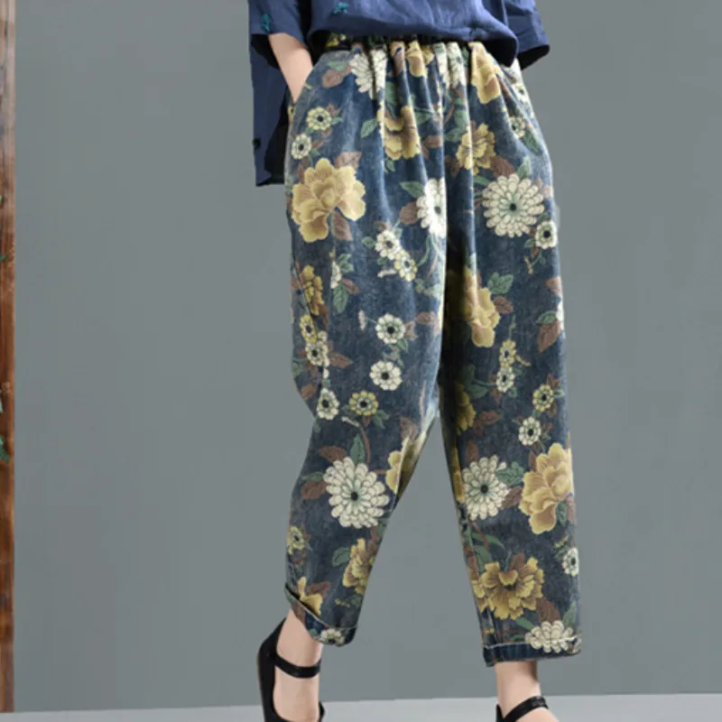 

Johnature 2019 Print Cotton Elastic Waist Casual Straigth Pocket Pants Spring Summer Fashion Ankle Length New Women Floral Pants