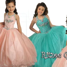 Лучшие Продажи Бальное платье Холтер Длина Пола Органзы Цветок Девочки Платья С Кристально Бисером Новое Прибытие Девушки Pageant Платья
